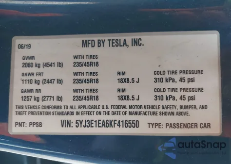 2019 Tesla Model 3 Long Range/Mid Range/Standard Range/Standard Range Plus из США, поврежденный, VIN 5YJ3E1EA6KF416550